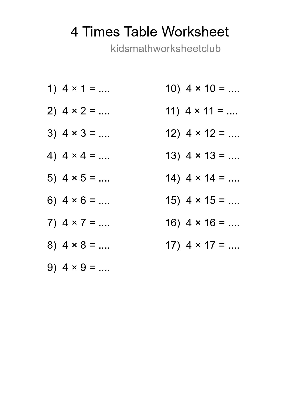 4 Times Table Worksheet For Grade 2 - Part 9