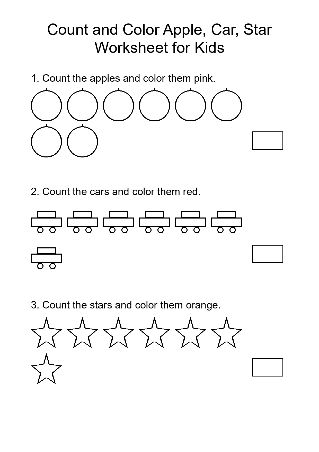 Count and Color Apple, Car, Star Worksheet for Kids