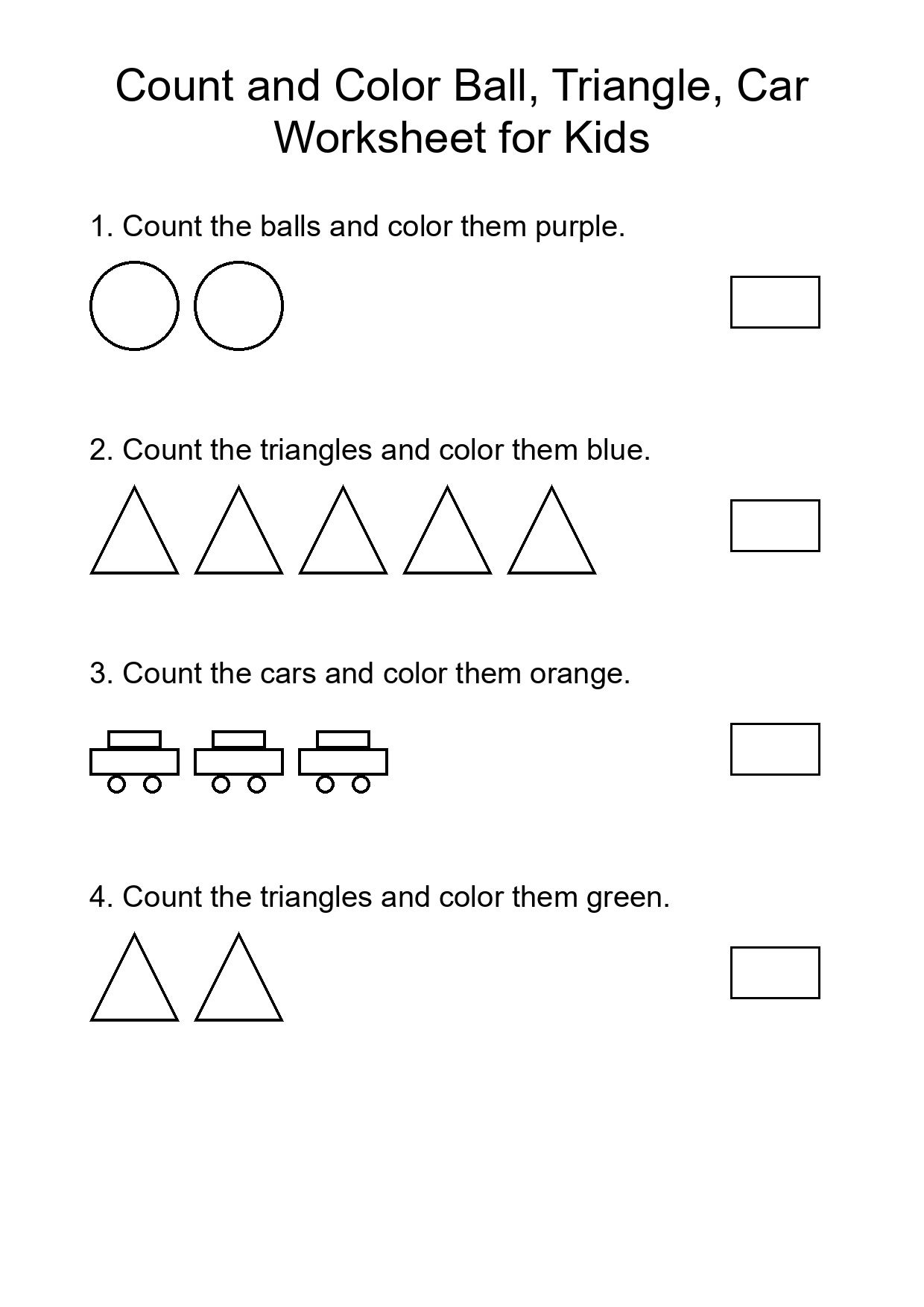 Count and Color Ball, Triangle, Car Worksheet for Kids