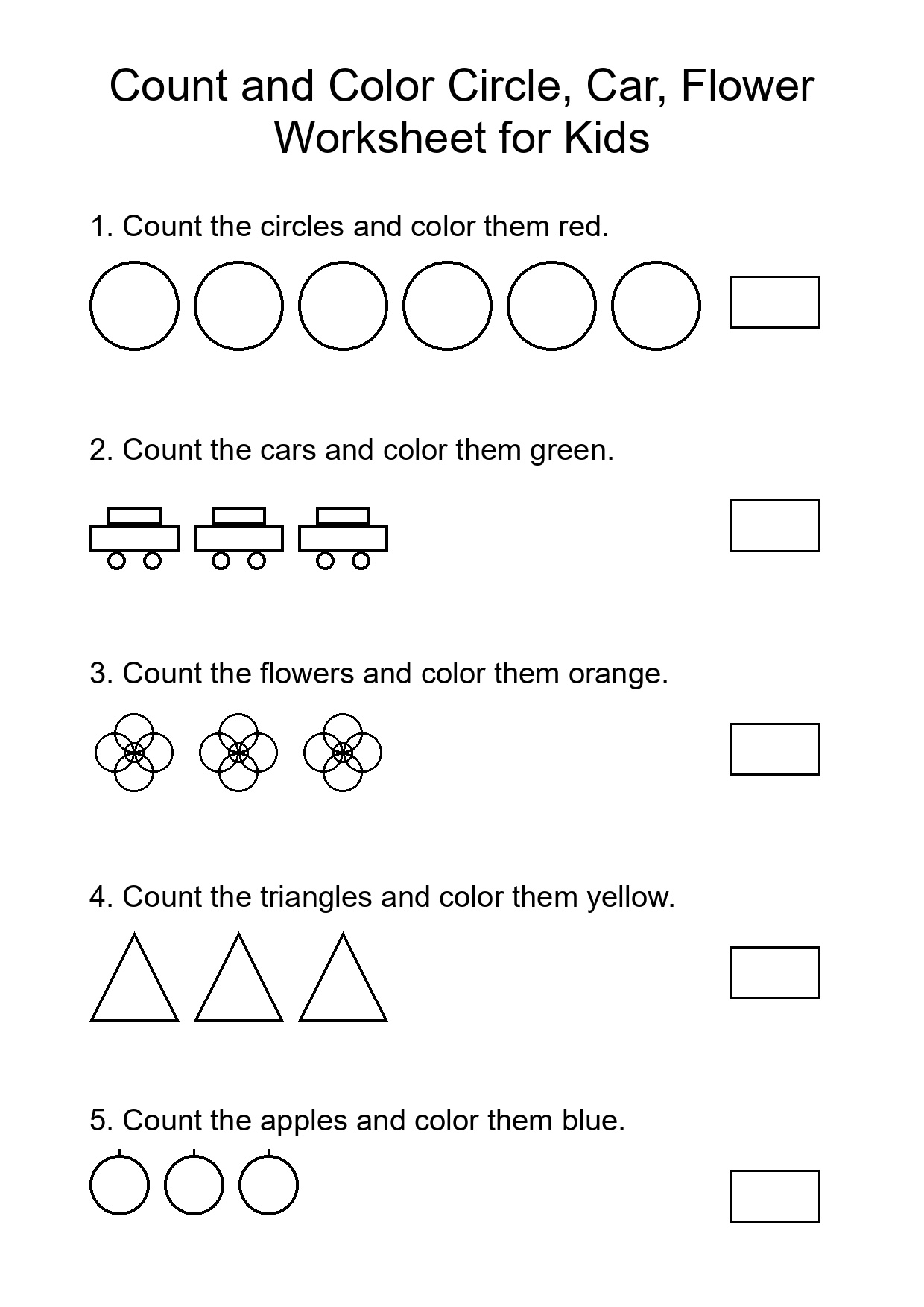 Count and Color Circle, Car, Flower Worksheet for Kids