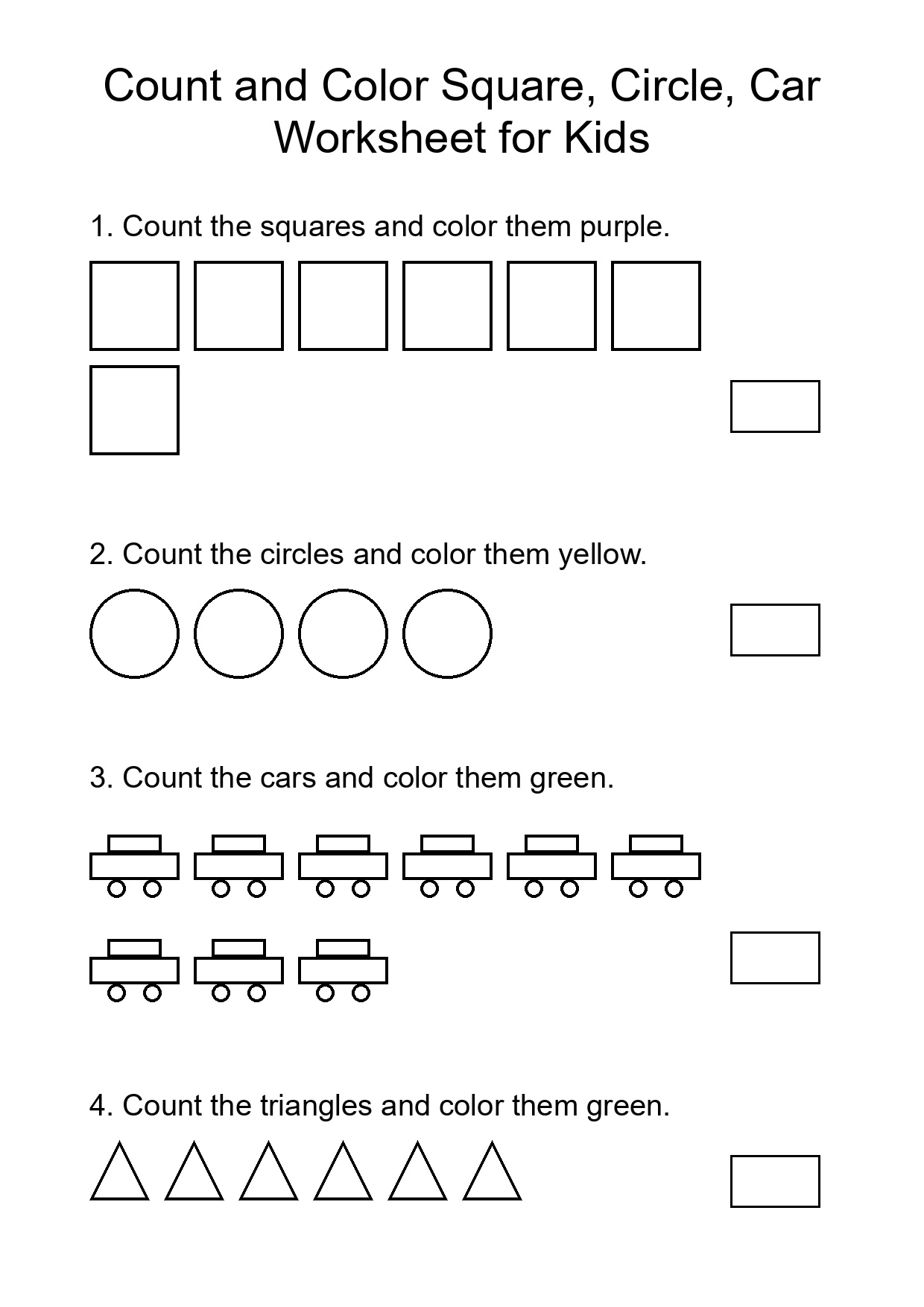 Count and Color Square, Circle, Car Worksheet for Kids