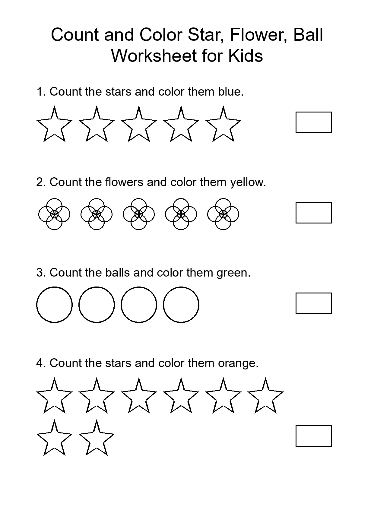 Count and Color Star, Flower, Ball Worksheet for Kids