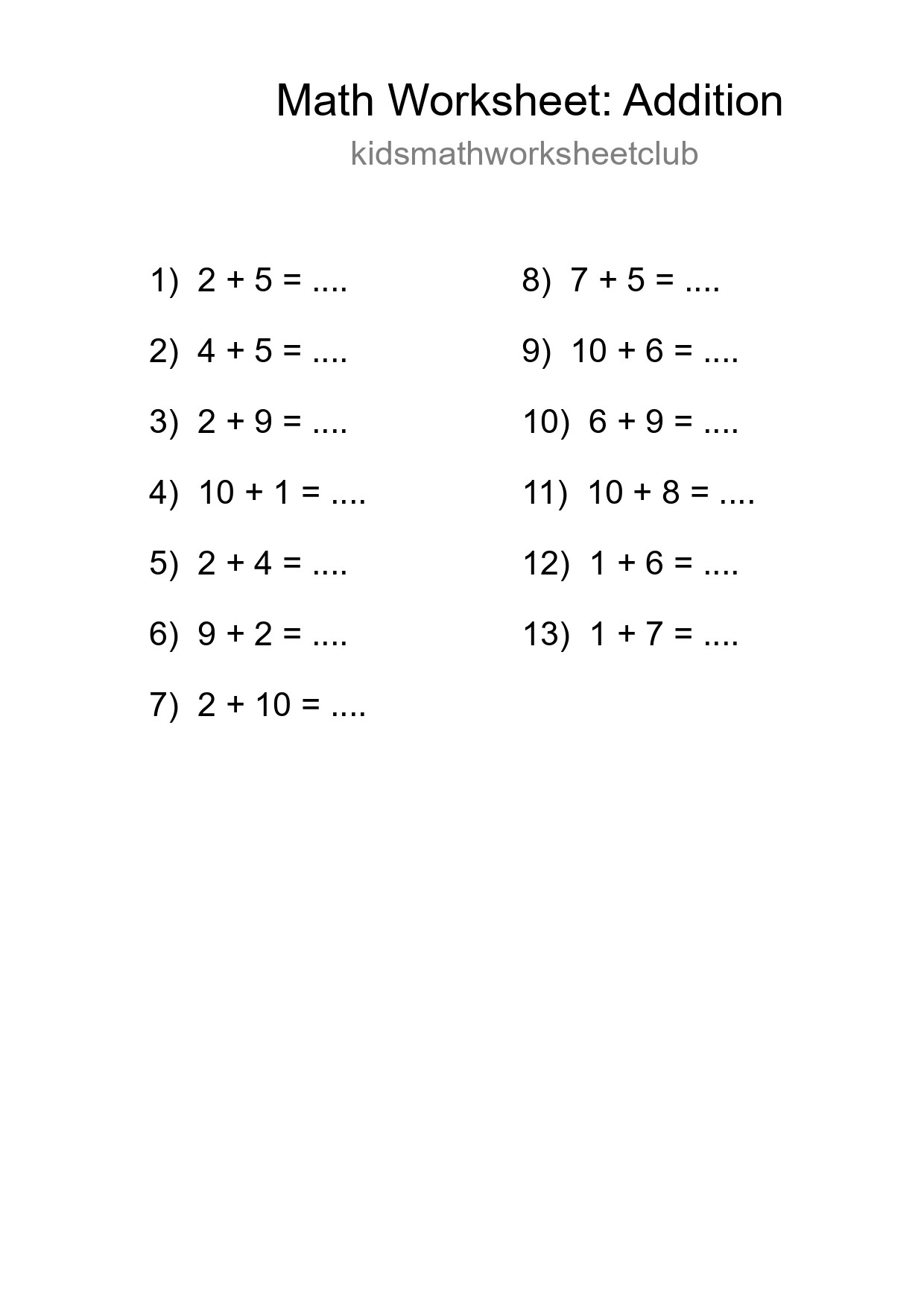 Free 13 Addition Math Worksheet For Grade 1 With Answers - Part 67