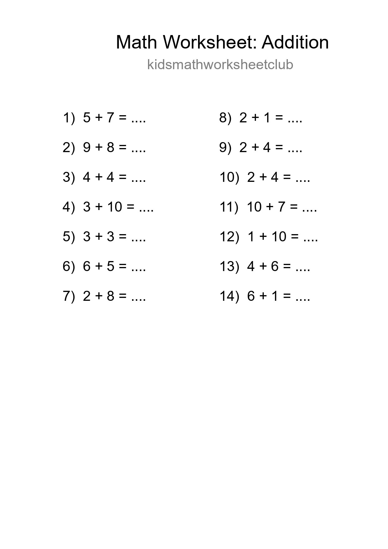 Free 14 Addition Math Worksheet For Grade 1 With Answers - Part 144