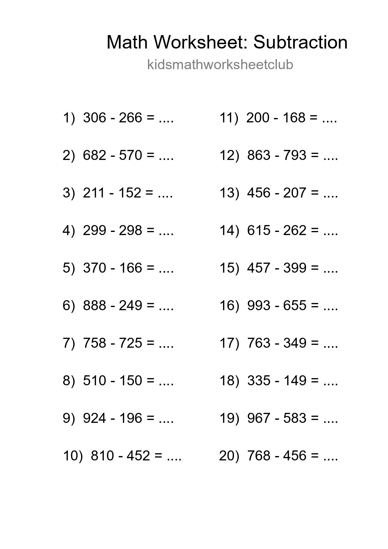 Free 20 Subtraction Math Worksheet For Grade 5 With Answers - Part 107
