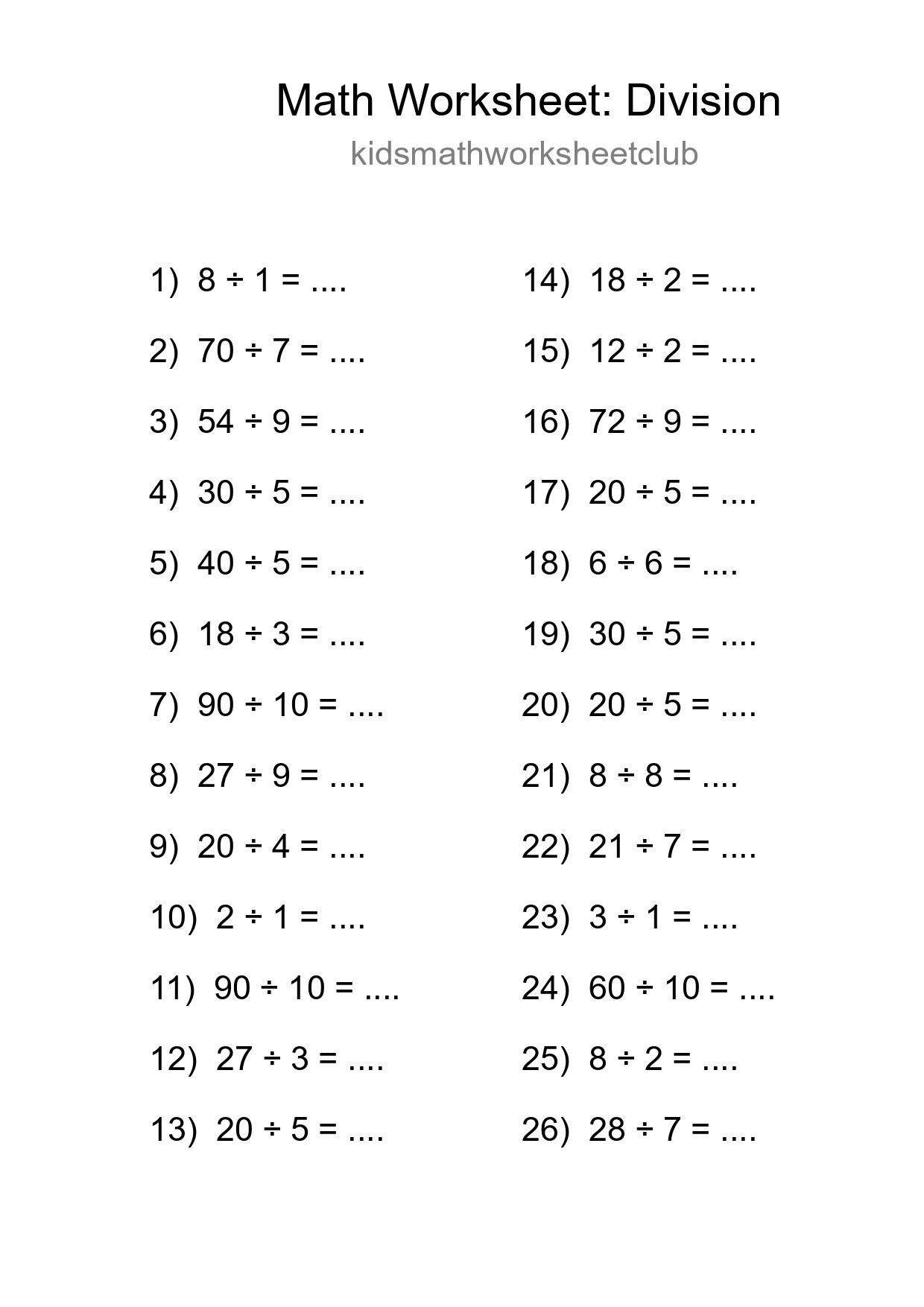Free 26 Division Math Worksheet For Grade 1 With Answers - Part 125