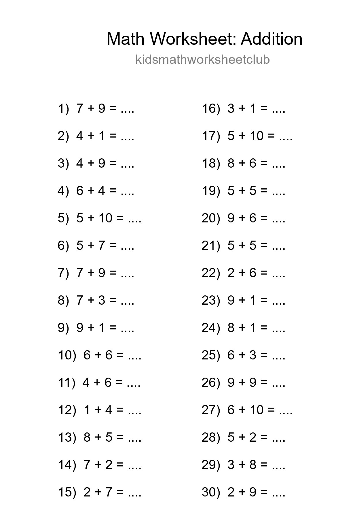 Free 30 Addition Math Worksheet For Grade 1 - Part 34