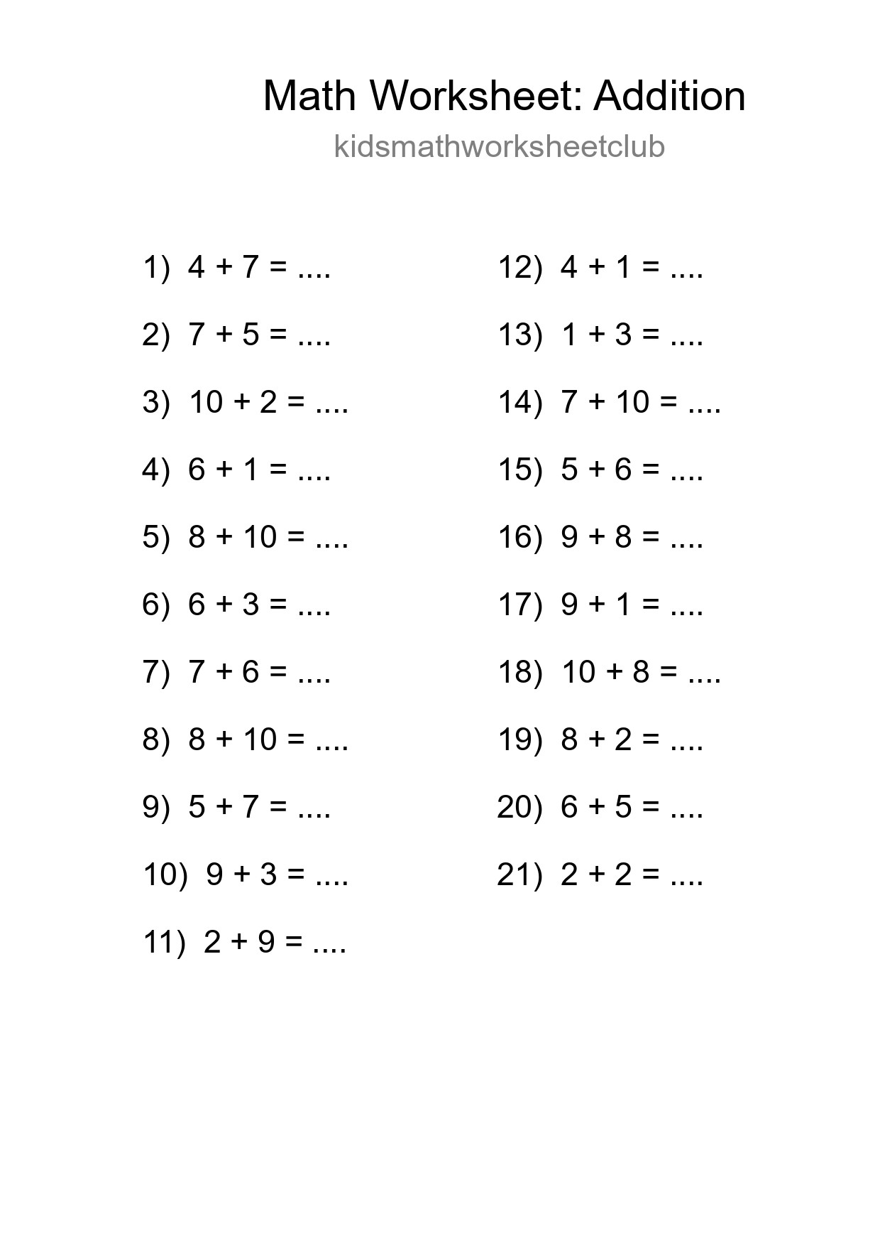 Grade 1 Addition Practice Worksheet (21 Problems) - Part 155