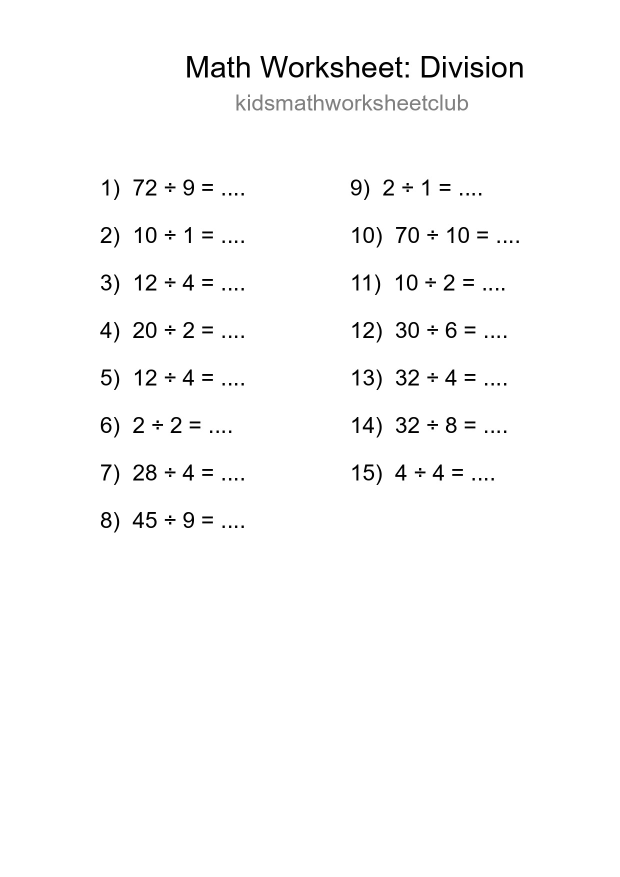 Grade 1 Division Practice Worksheet (15 Problems) - Part 224