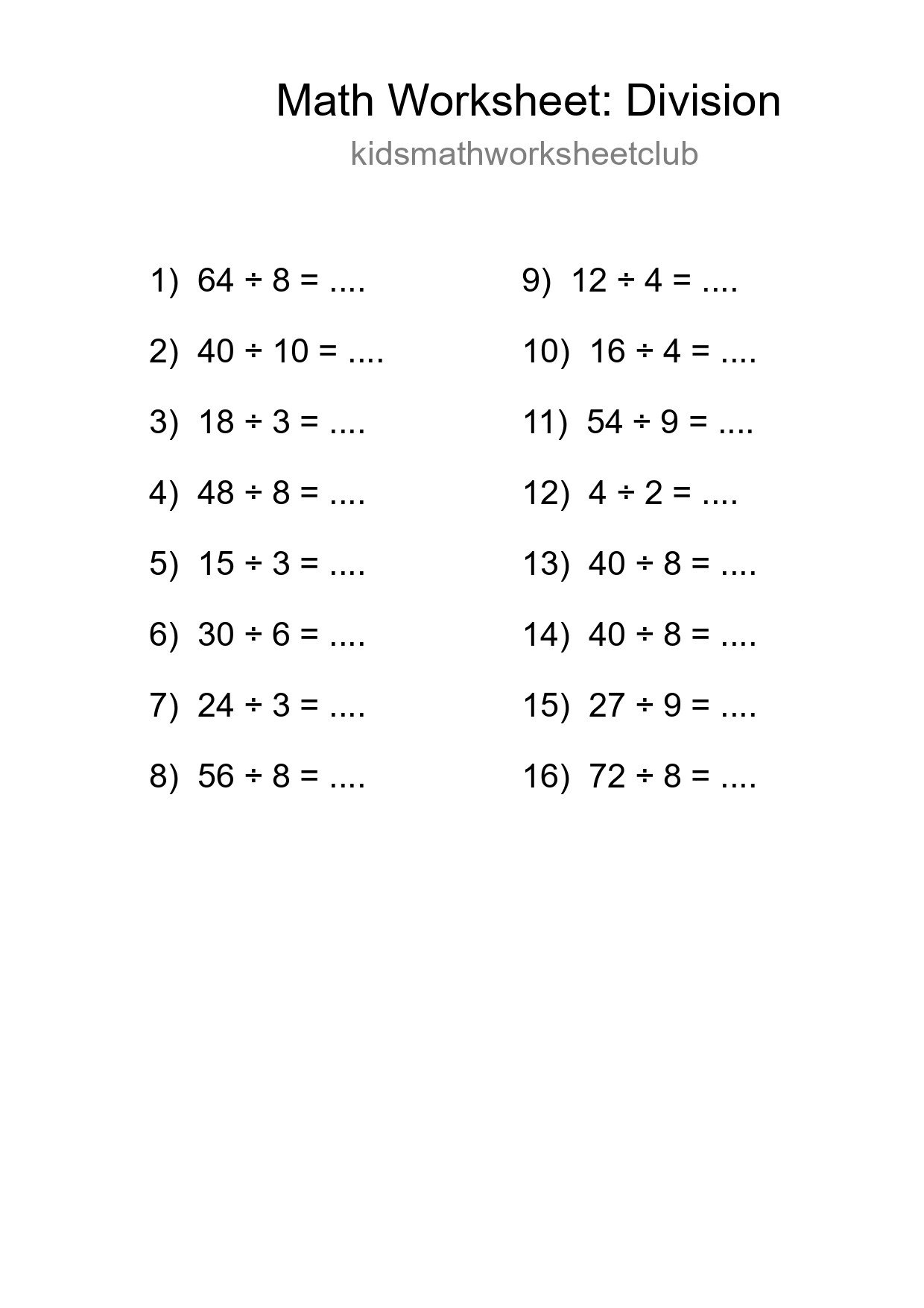 Grade 1 Division Practice Worksheet (16 Problems) - Part 81