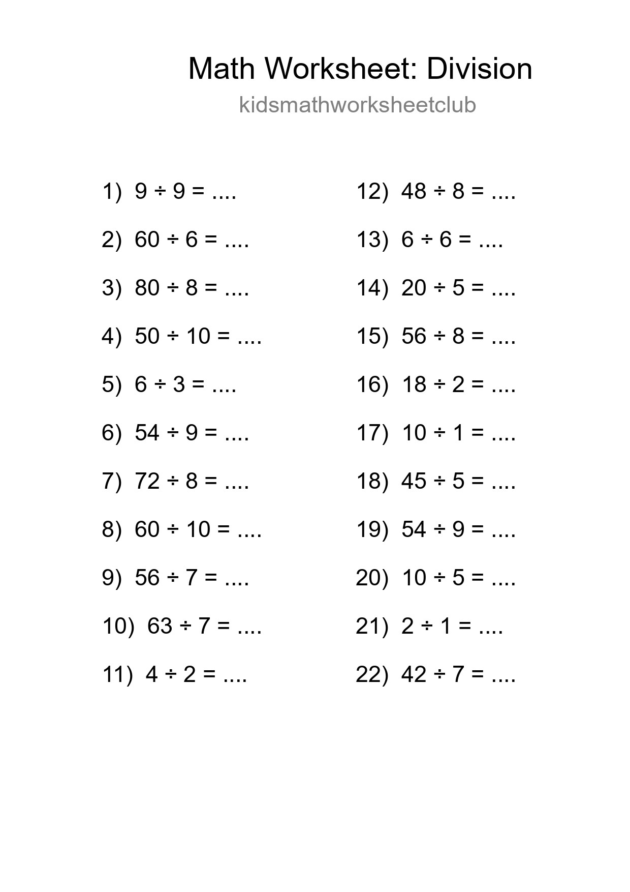 Grade 1 Division Practice Worksheet (22 Problems) - Part 15