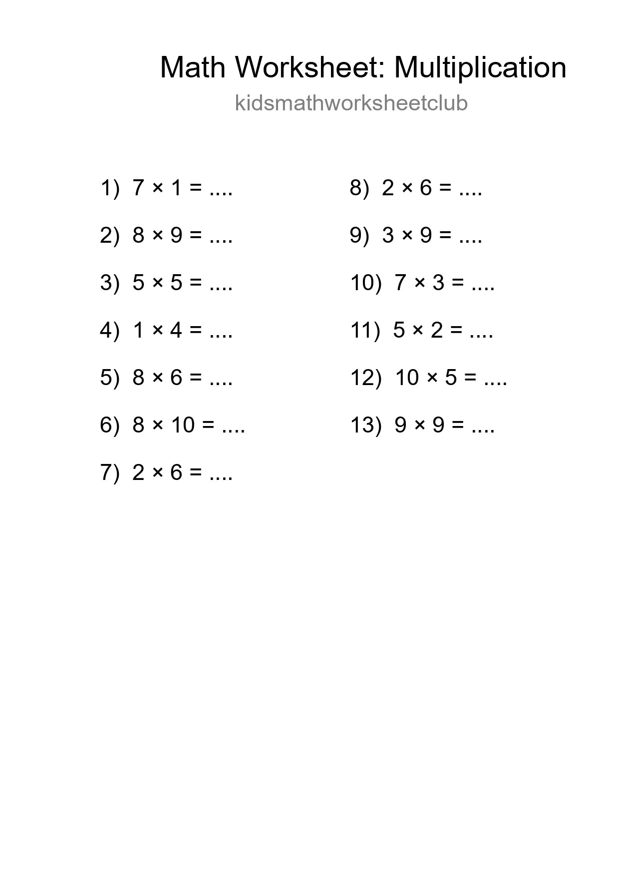 Grade 1 Multiplication Practice Worksheet (13 Problems) - Part 51