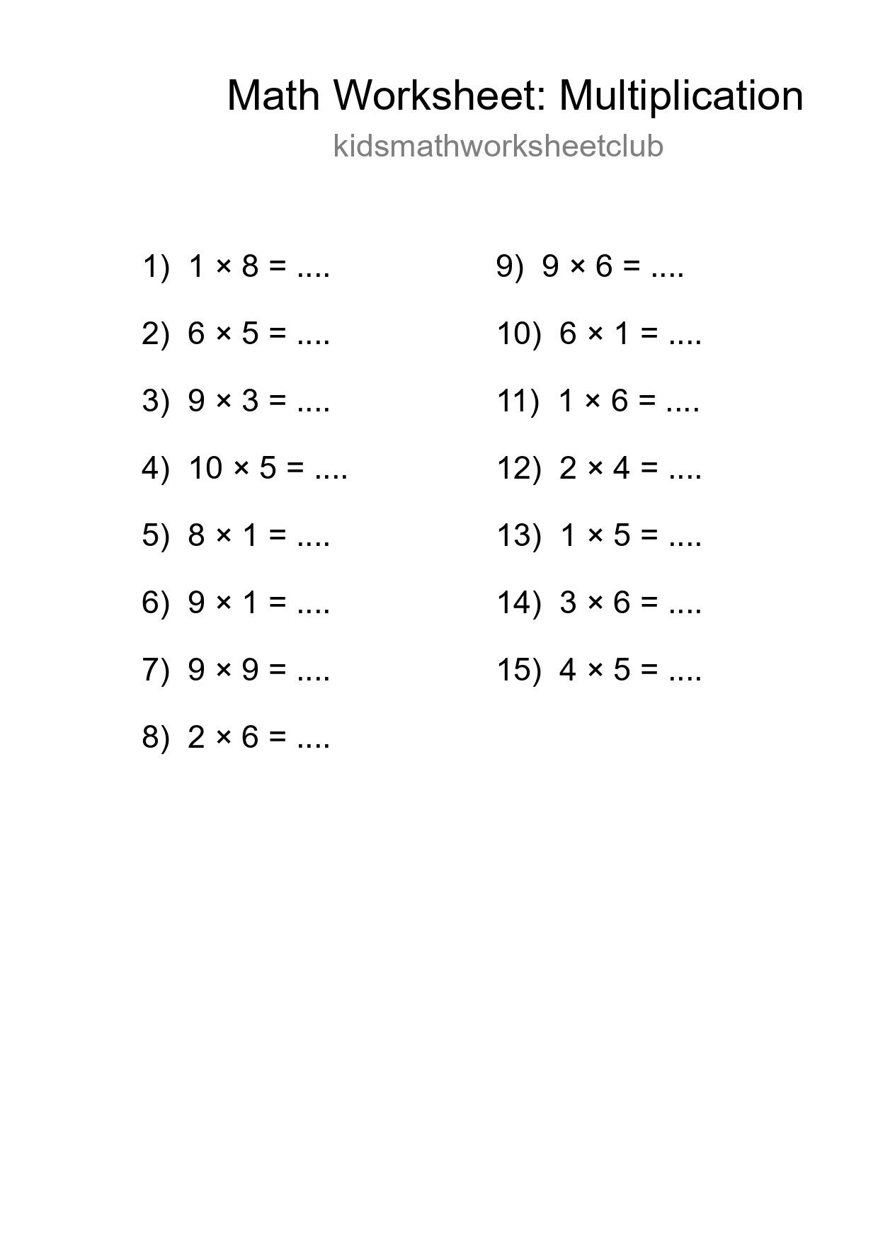 Grade 1 Multiplication Practice Worksheet (15 Problems) - Part 128