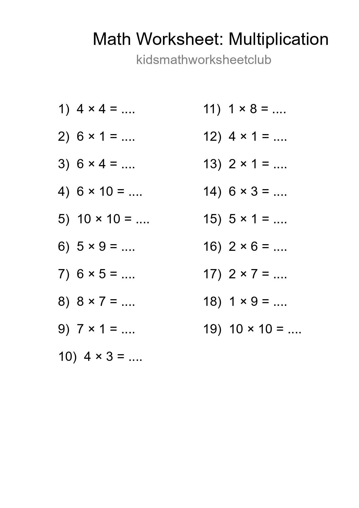 Grade 1 Multiplication Practice Worksheet (19 Problems) - Part 29