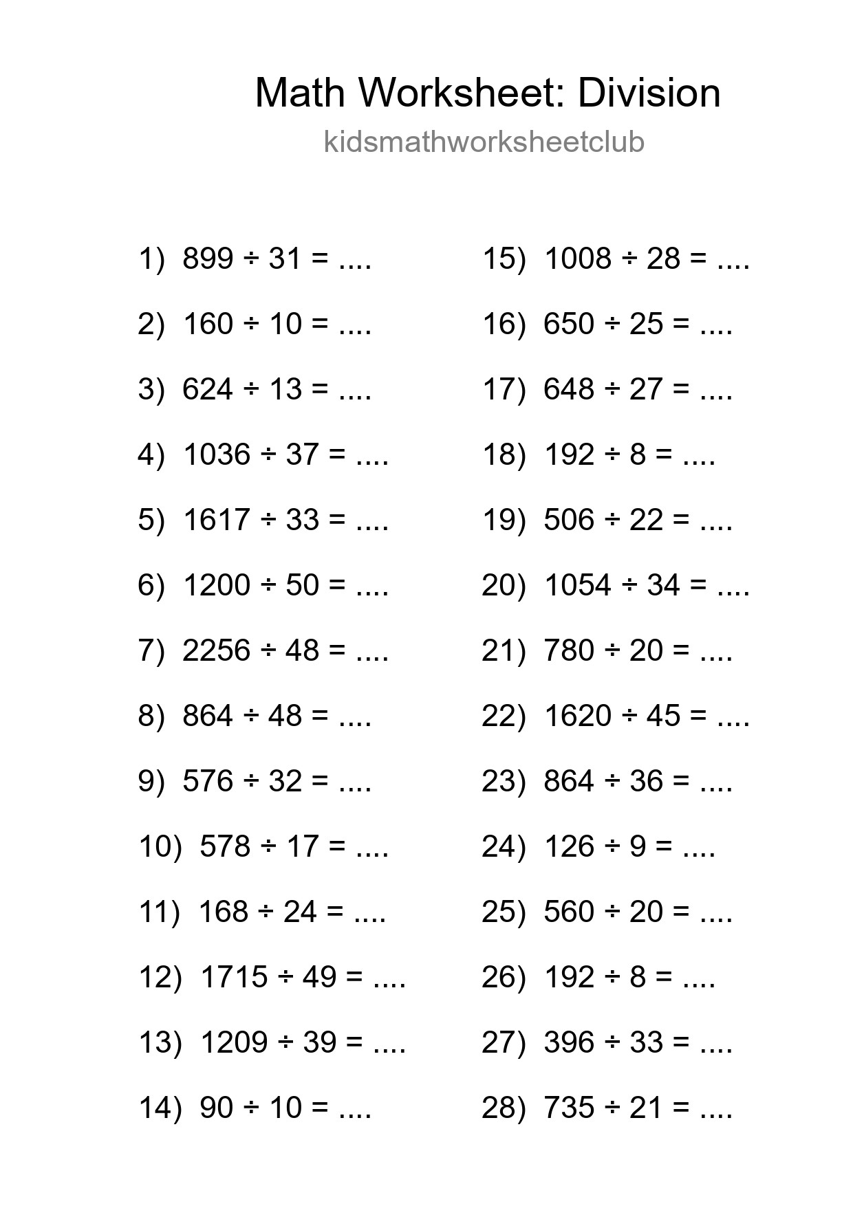 Grade 2 Division Practice Worksheet (28 Problems) - Part 279