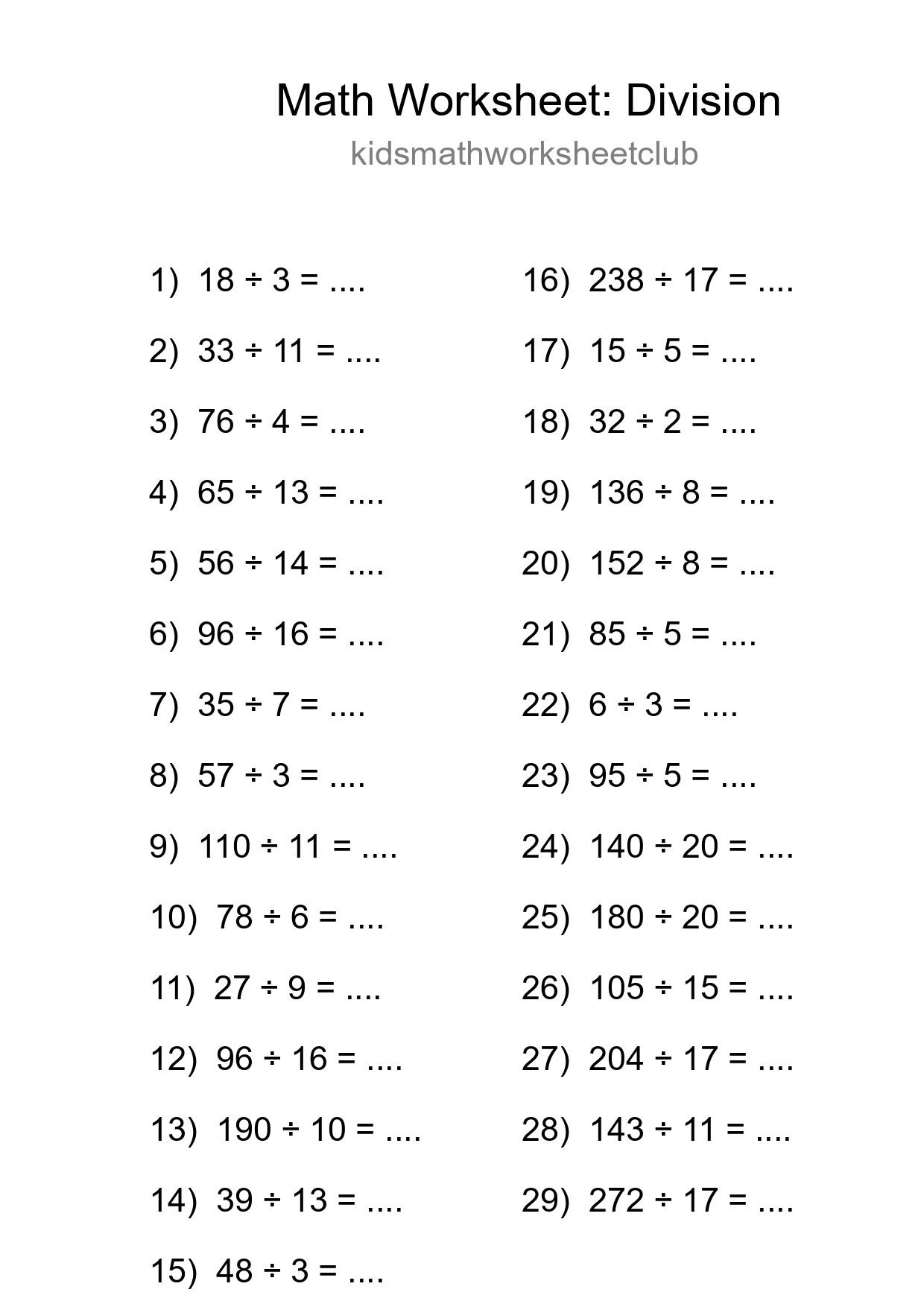 Grade 2 Division Practice Worksheet (29 Problems) - Part 26