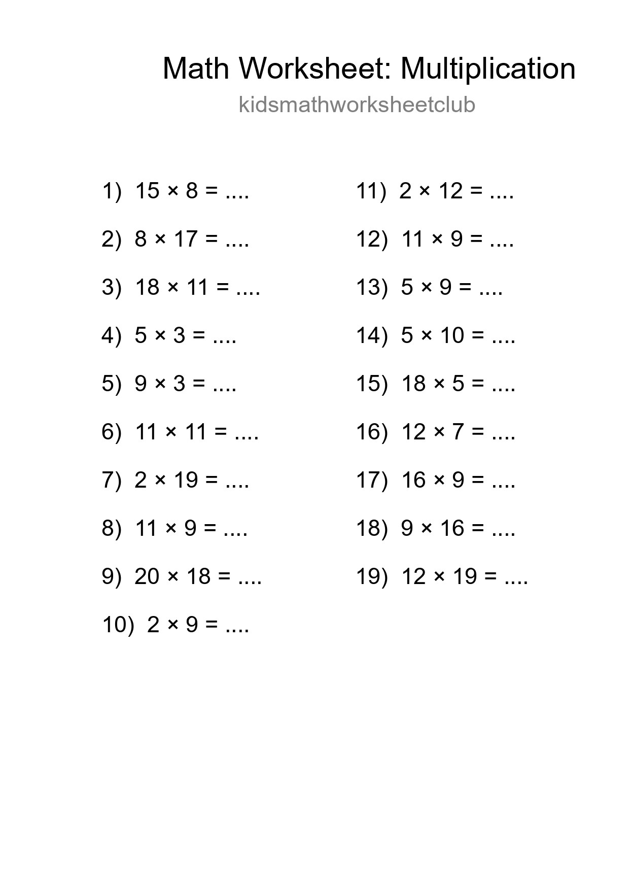 Grade 2 Multiplication Practice Worksheet (19 Problems) - Part 271