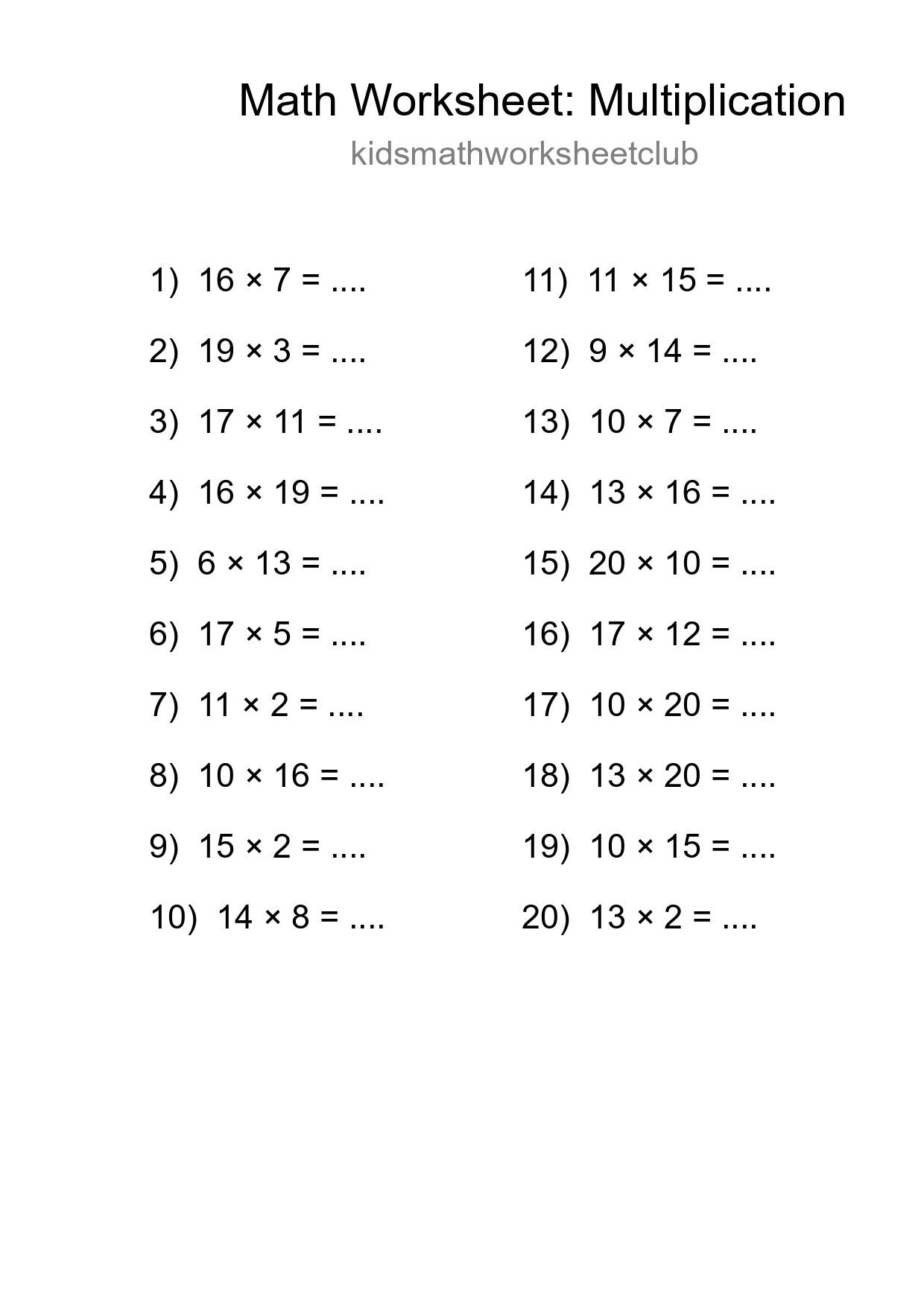 Grade 2 Multiplication Practice Worksheet (20 Problems) - Part 227