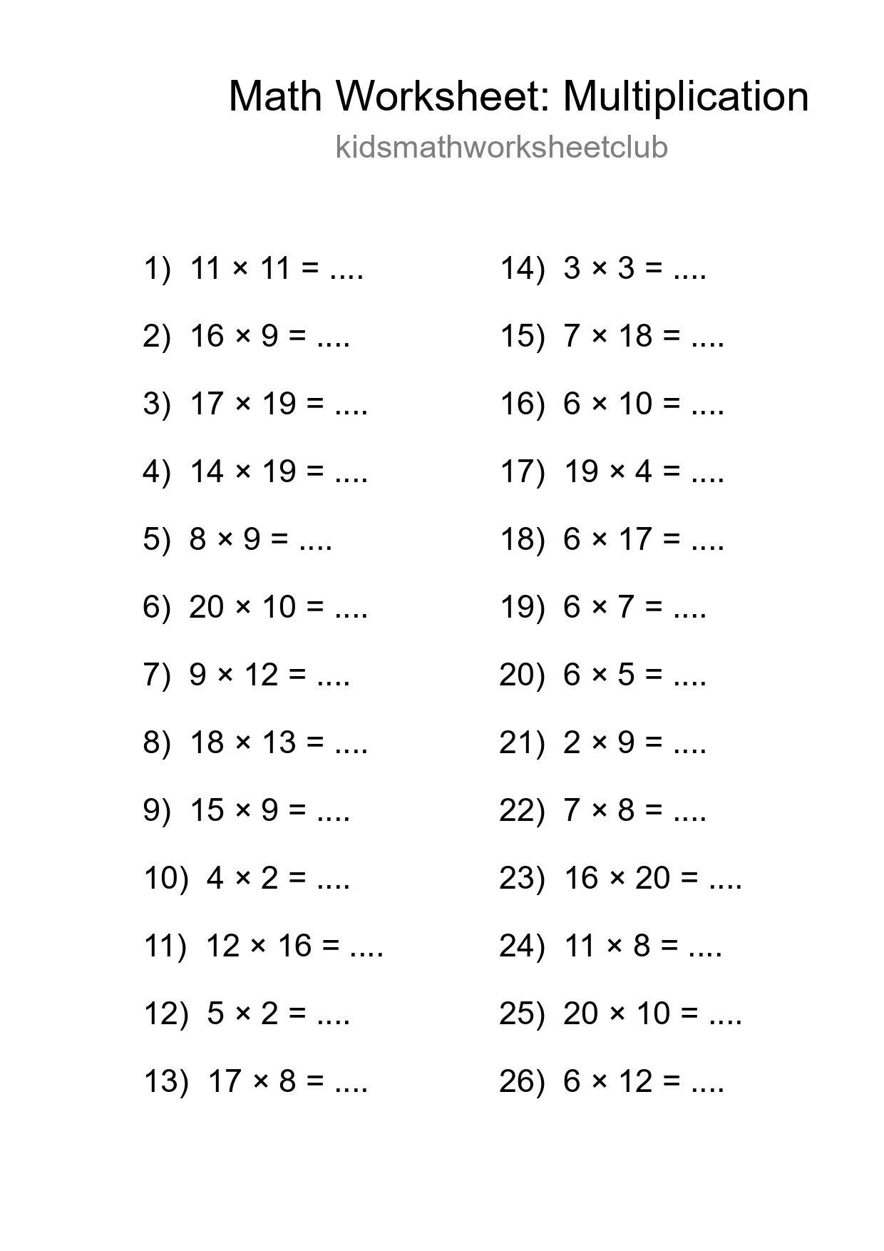 Grade 2 Multiplication Practice Worksheet (26 Problems) - Part 139