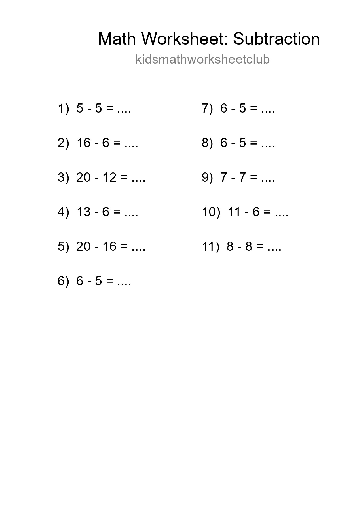 Grade 2 Subtraction Practice Worksheet (11 Problems) - Part 118