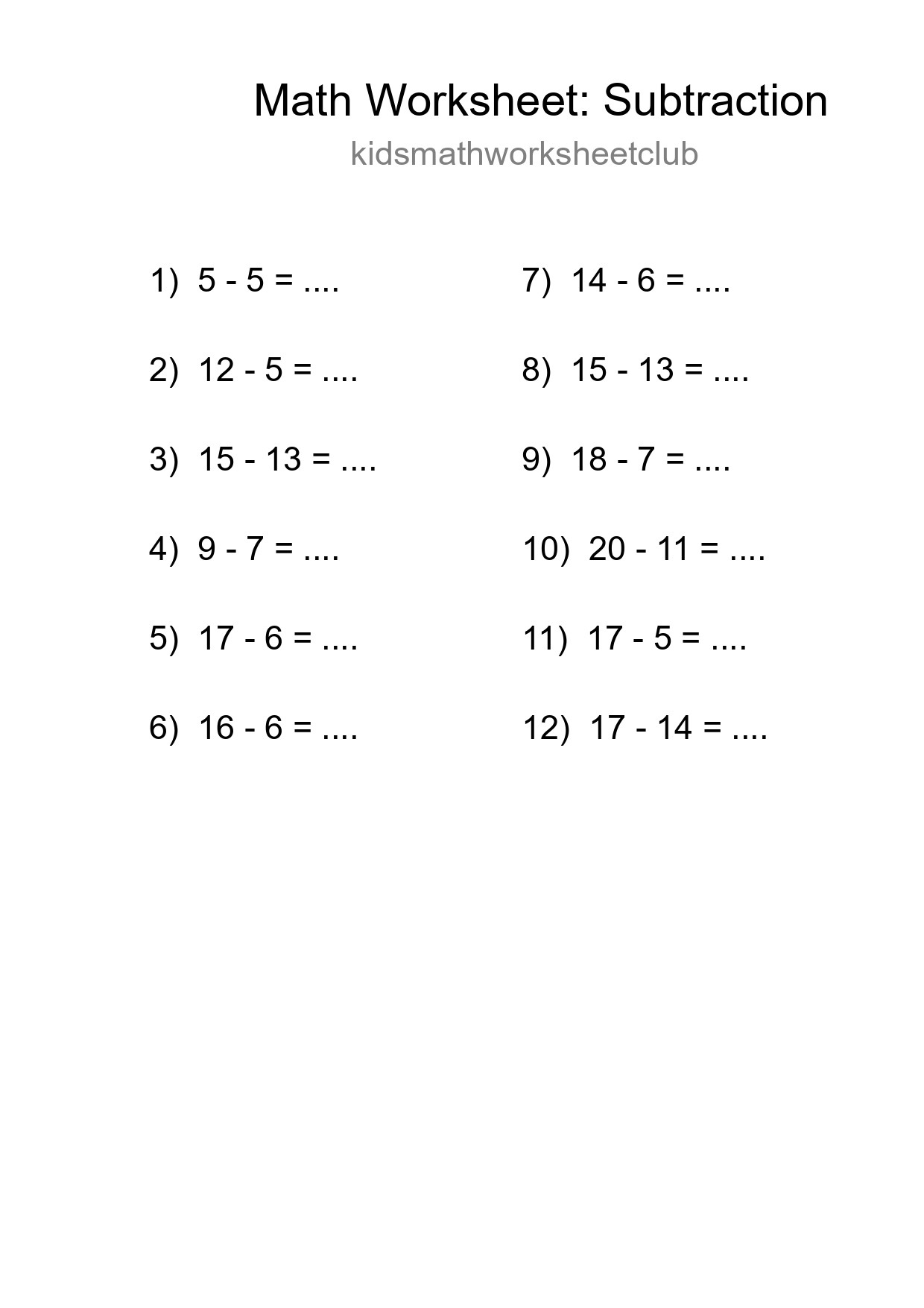 Grade 2 Subtraction Practice Worksheet (12 Problems) - Part 206
