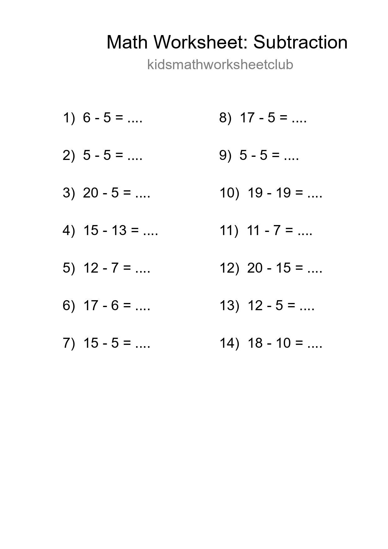 Grade 2 Subtraction Practice Worksheet (14 Problems) - Part 294