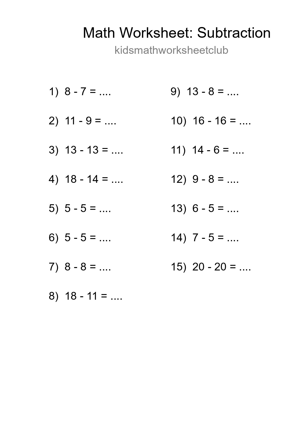 Grade 2 Subtraction Practice Worksheet (15 Problems) - Part 195