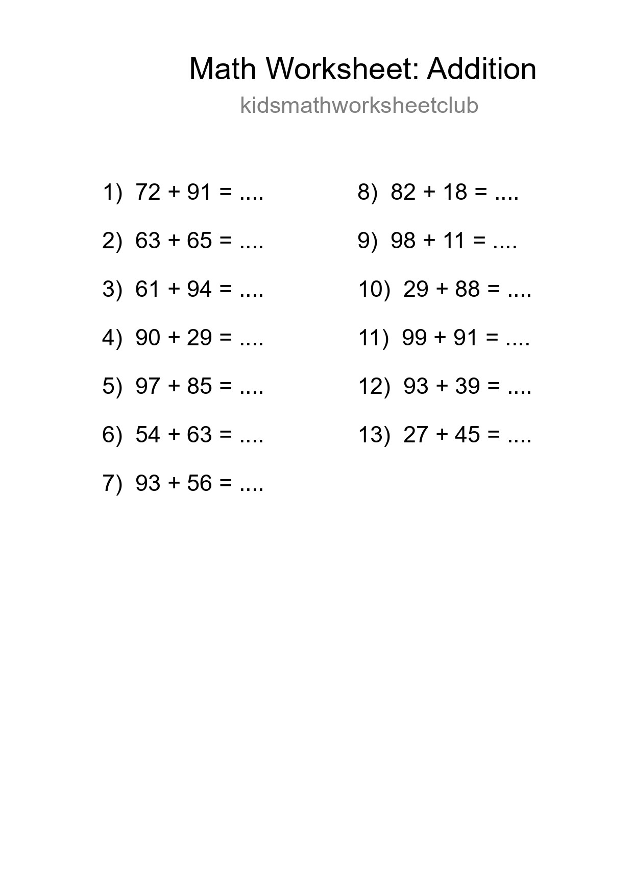 Grade 3 Addition Practice Worksheet (13 Problems) - Part 210