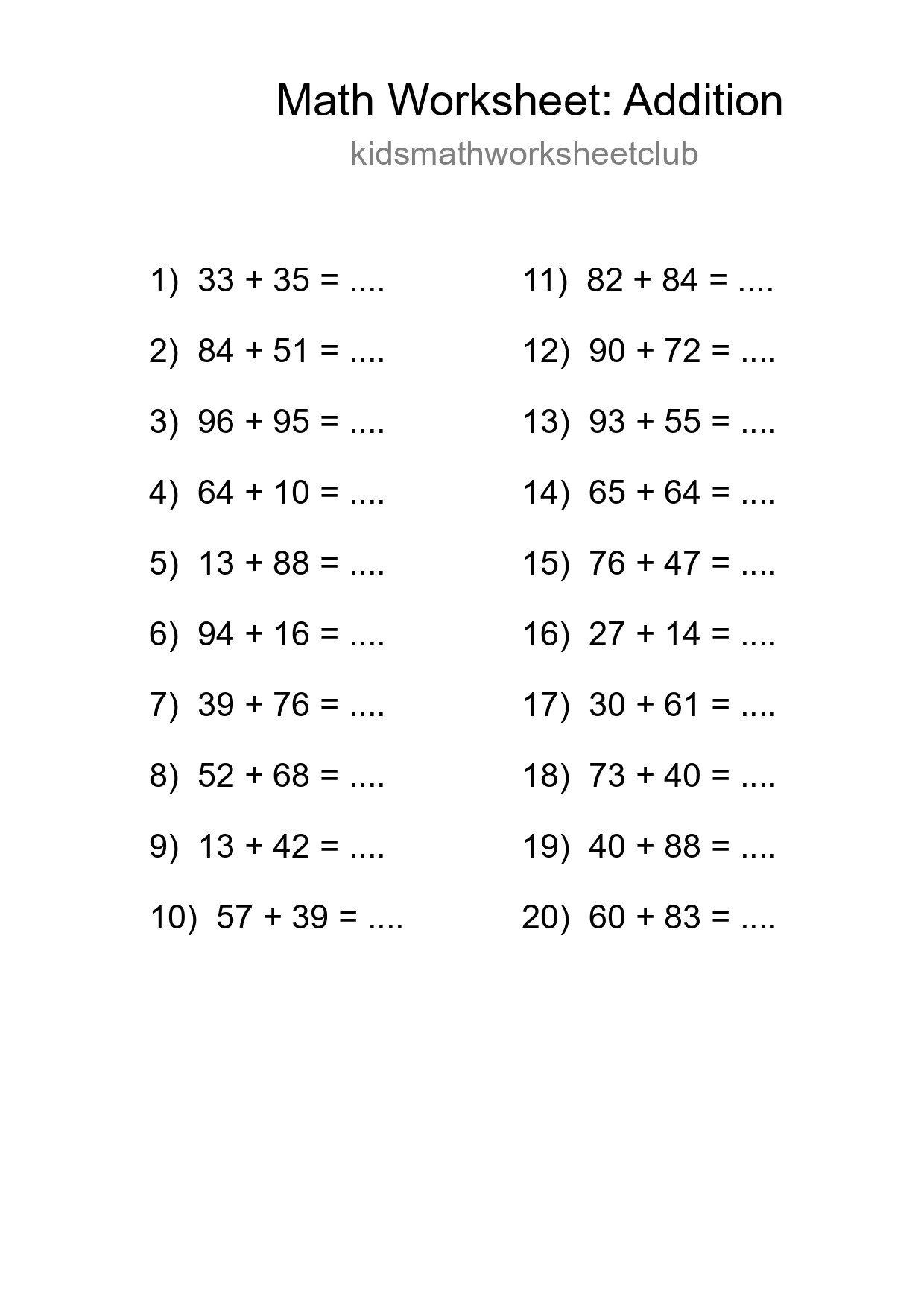 Grade 3 Addition Practice Worksheet (20 Problems) - Part 287