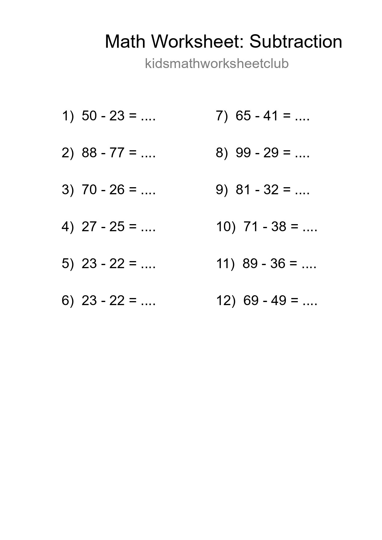 Grade 3 Subtraction Practice Worksheet (12 Problems) - Part 96