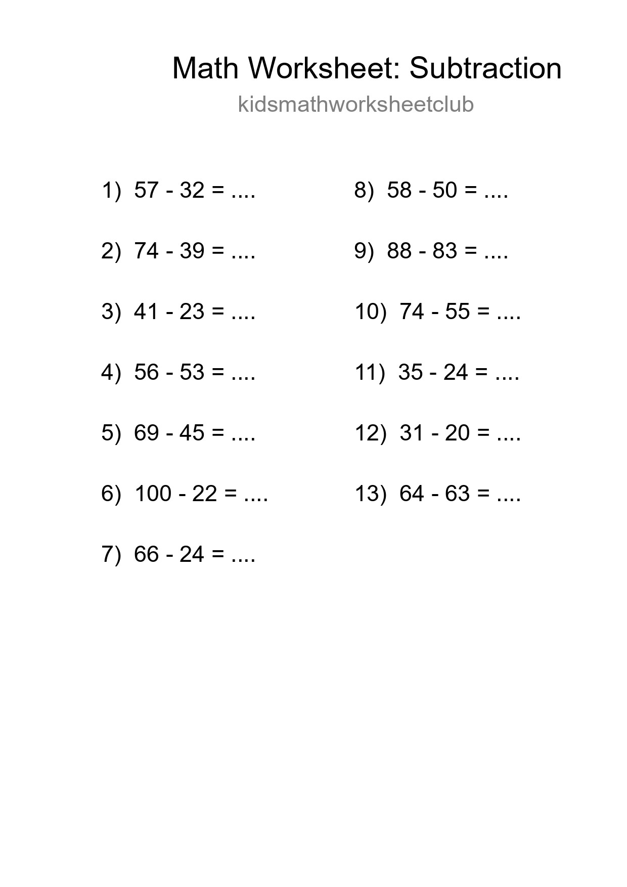 Grade 3 Subtraction Practice Worksheet (13 Problems) - Part 250