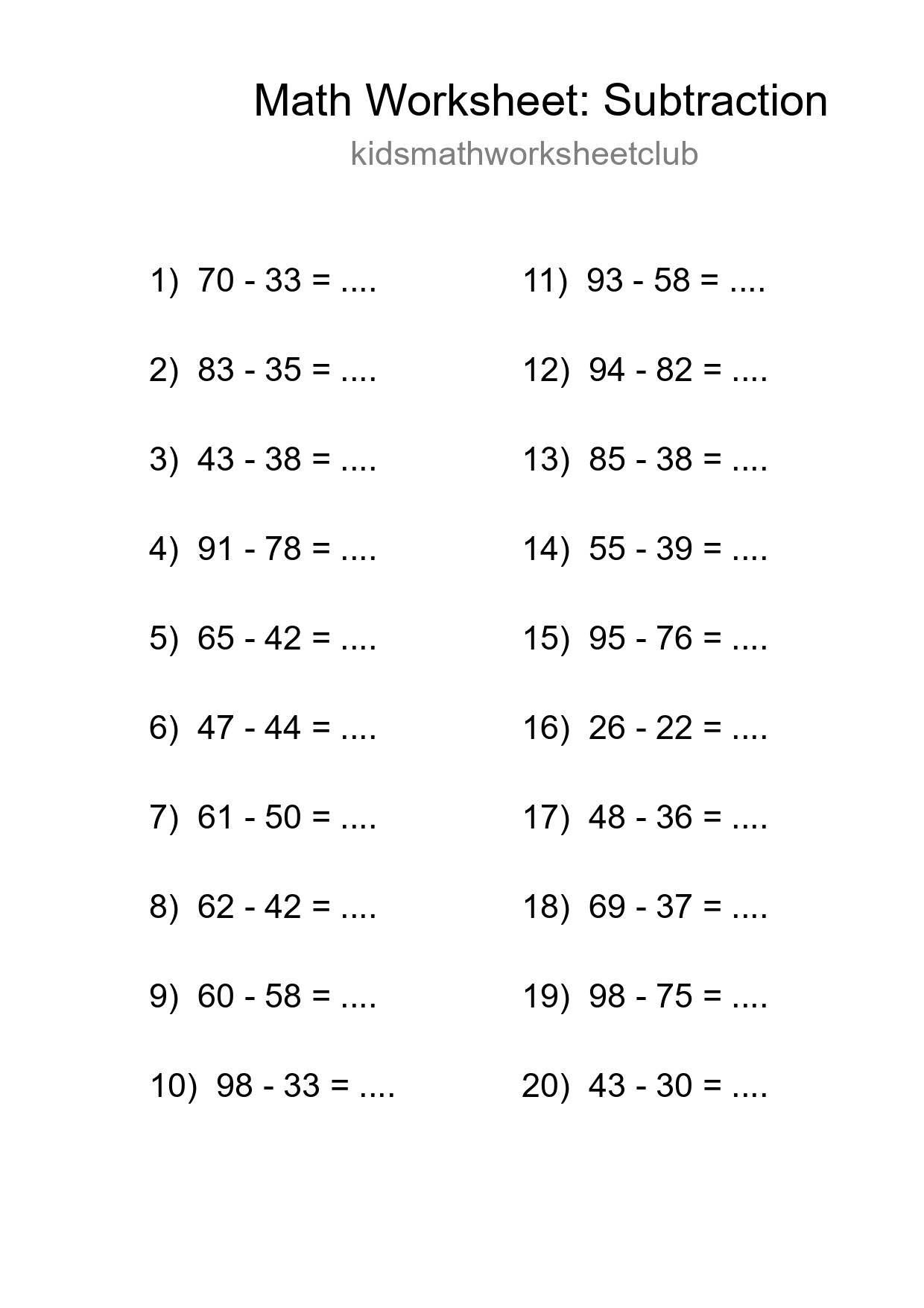 Grade 3 Subtraction Practice Worksheet (20 Problems) - Part 283