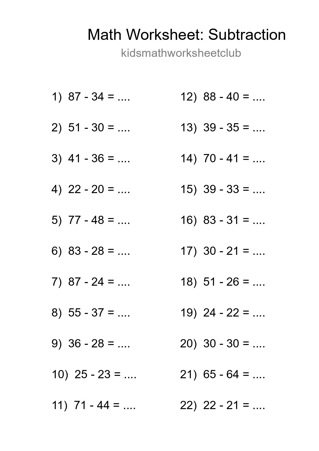 Grade 3 Subtraction Practice Worksheet (22 Problems) - Part 52