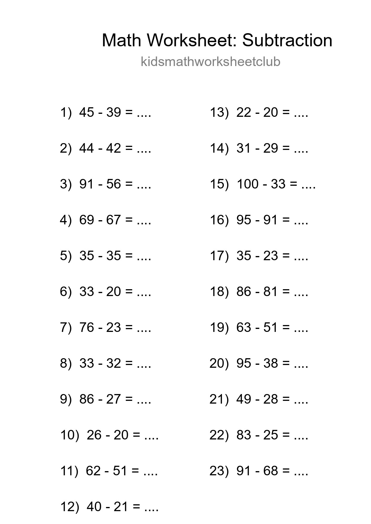 Grade 3 Subtraction Practice Worksheet (23 Problems) - Part 41