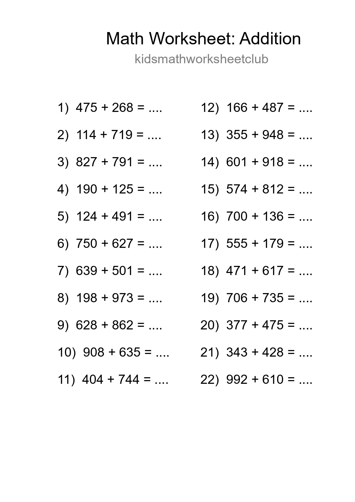 Grade 5 Addition Practice Worksheet (22 Problems) - Part 188