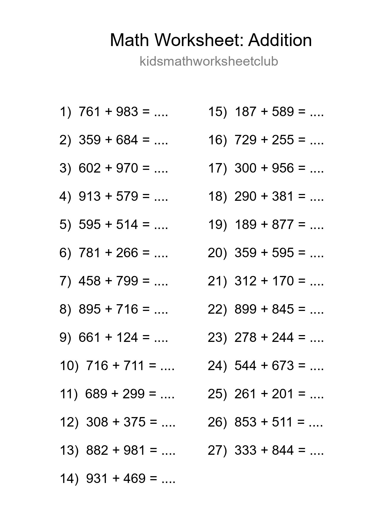 Grade 5 Addition Practice Worksheet (27 Problems) - Part 45