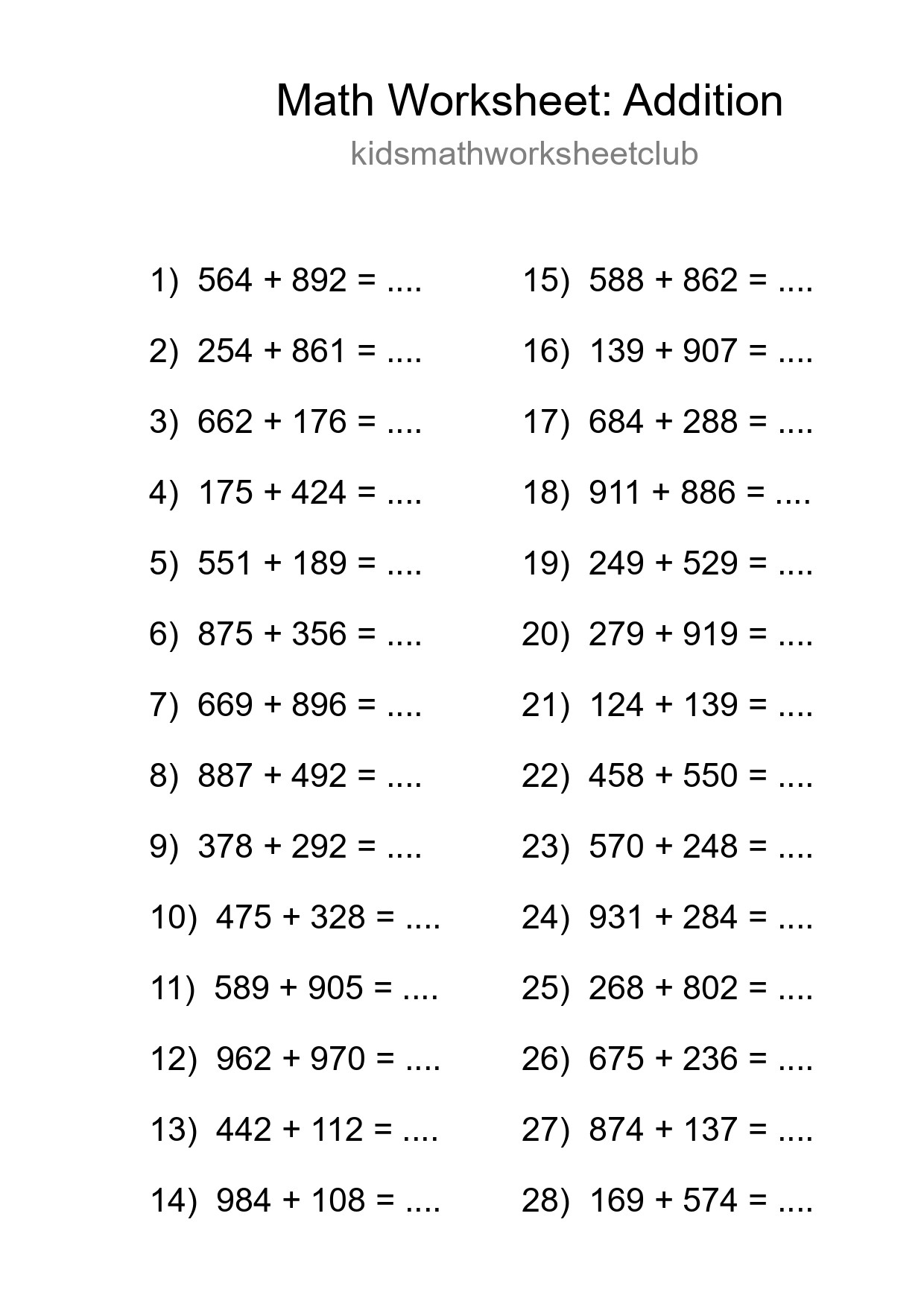 Grade 5 Addition Practice Worksheet (28 Problems)