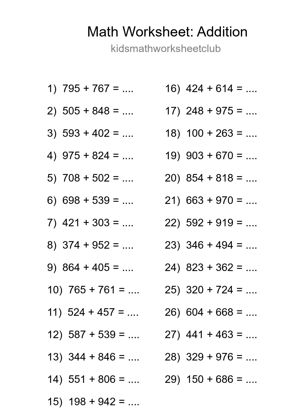 Grade 5 Addition Practice Worksheet (29 Problems) - Part 133