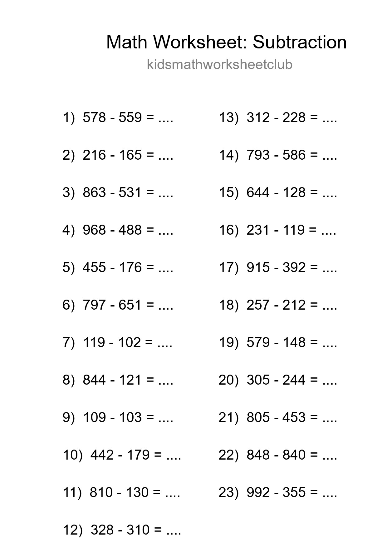 Grade 5 Subtraction Practice Worksheet (23 Problems) - Part 140