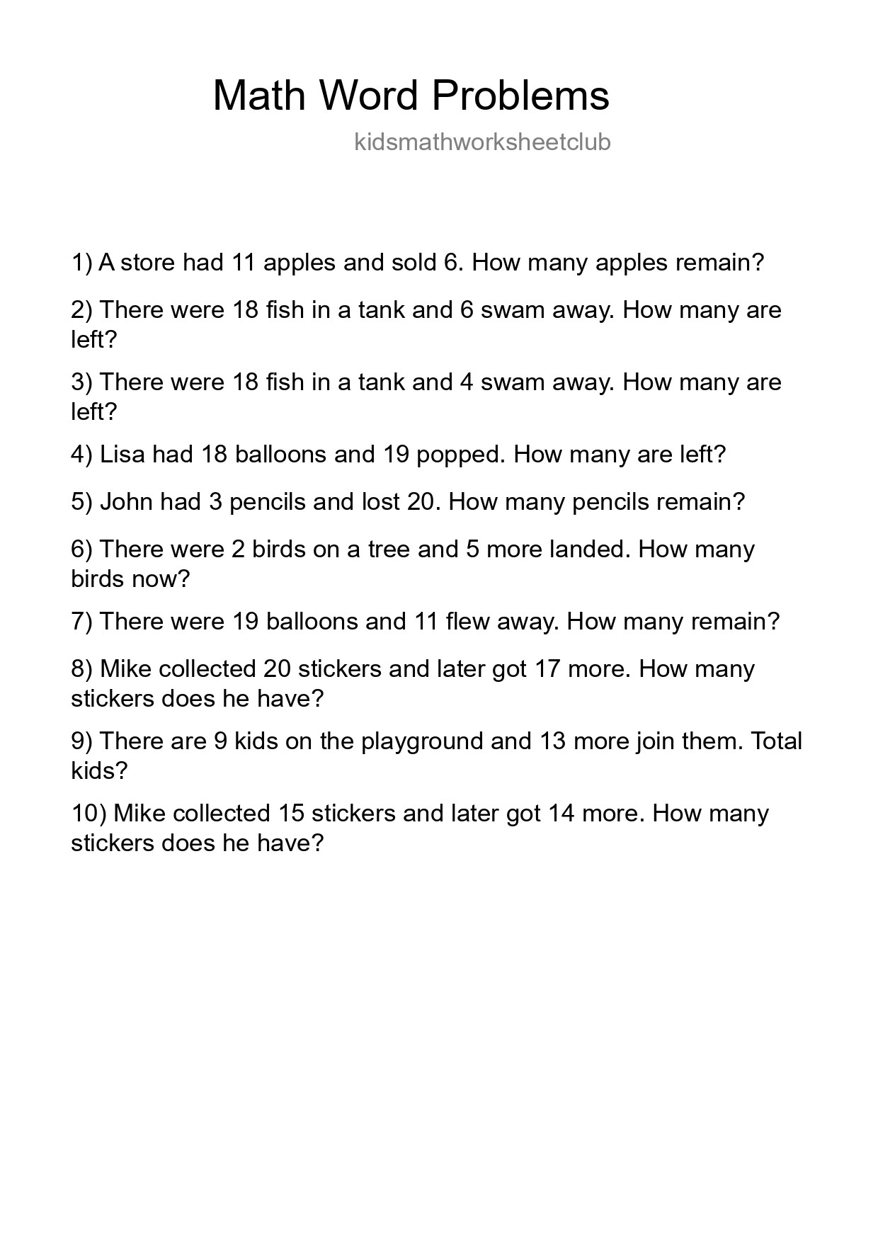 Math Word Problem Worksheet