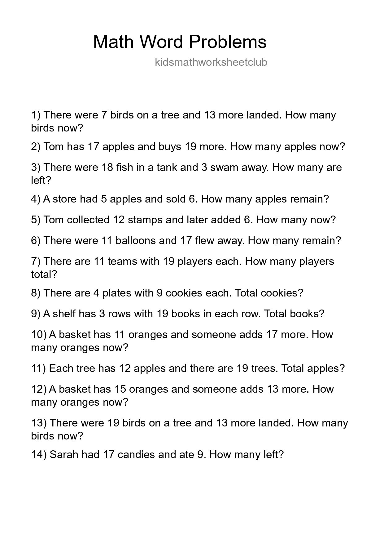 Math Word Problem Worksheet