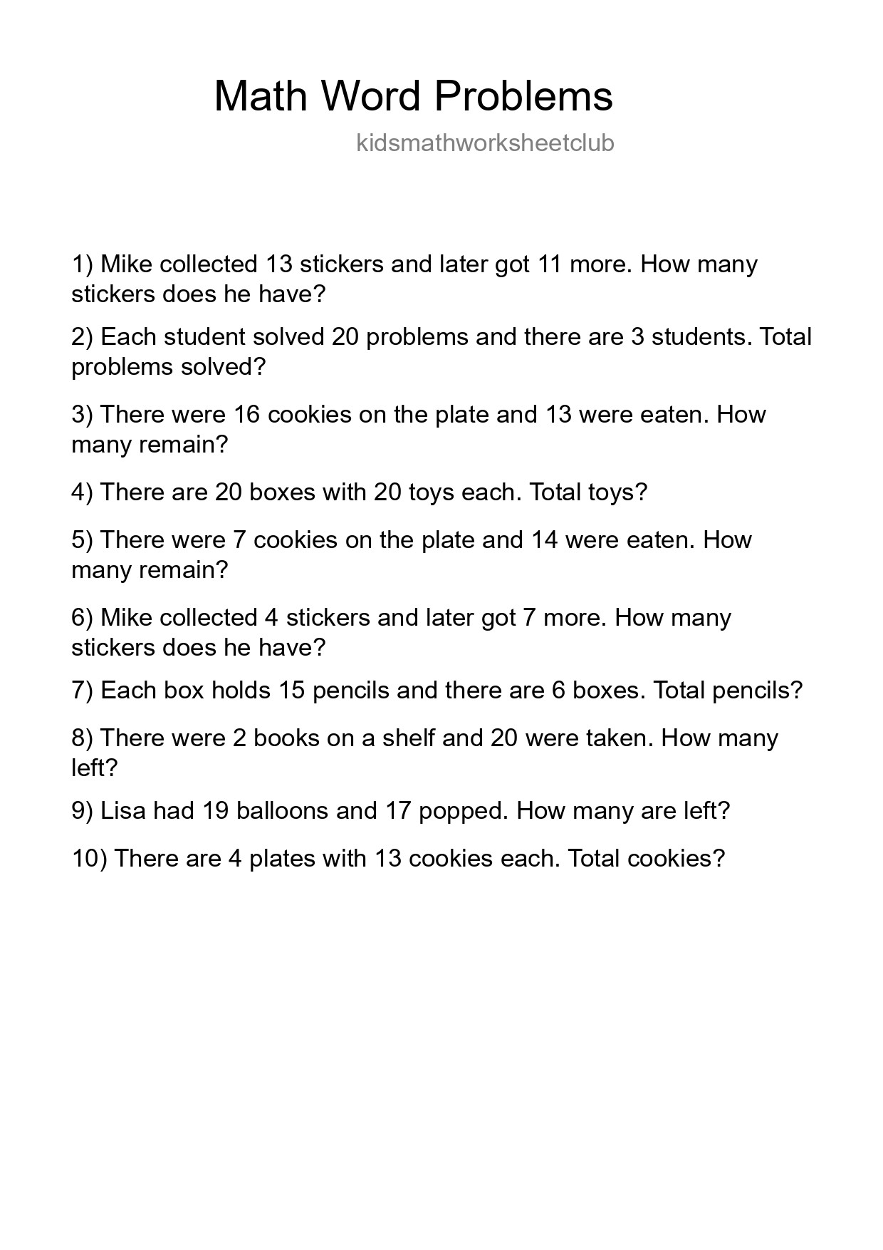 Math Word Problem Worksheet