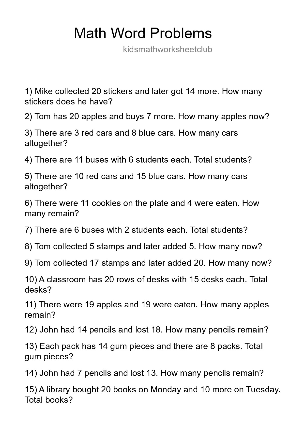 Math Word Problem Worksheet