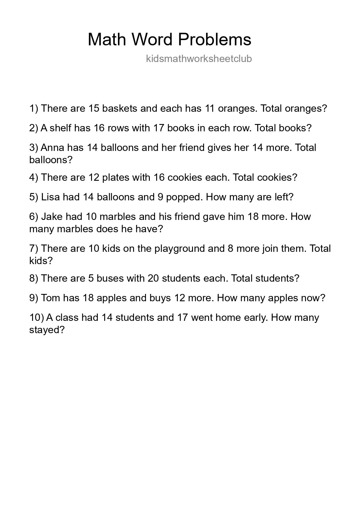 Math Word Problem Worksheet