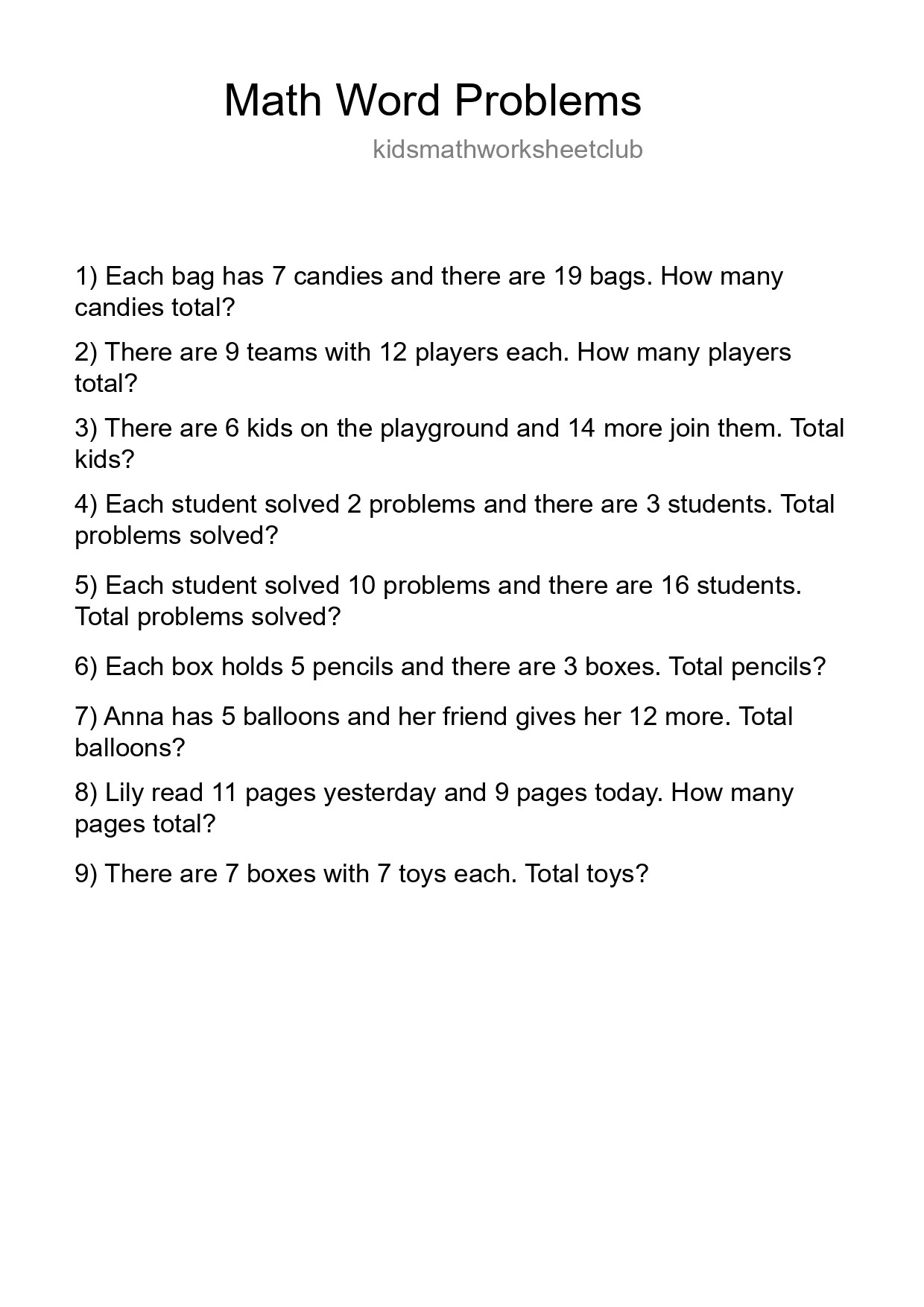 Math Word Problem Worksheet