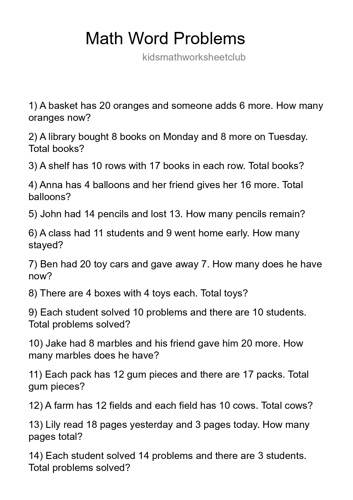Math Word Problem Worksheet