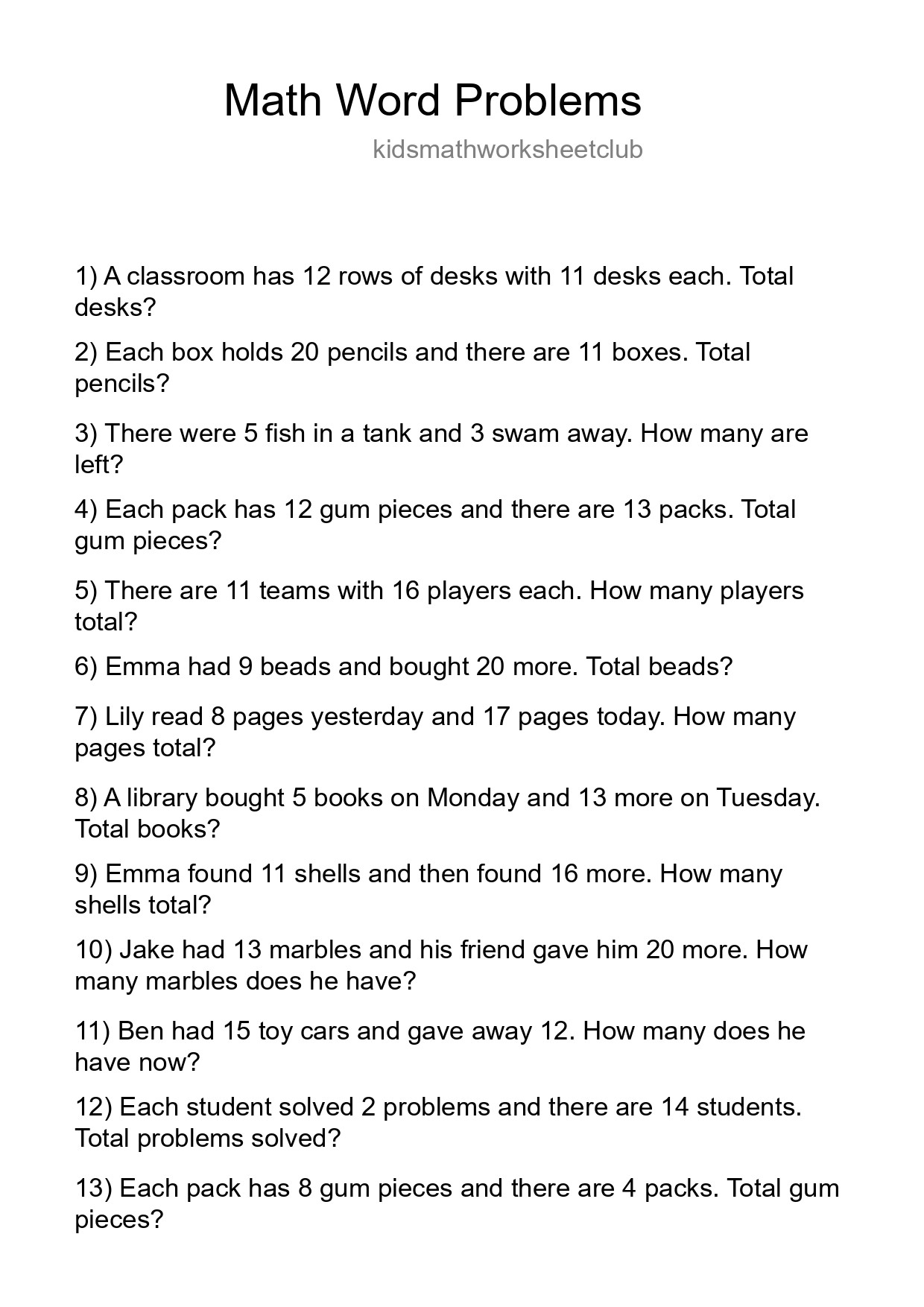 Math Word Problem Worksheet
