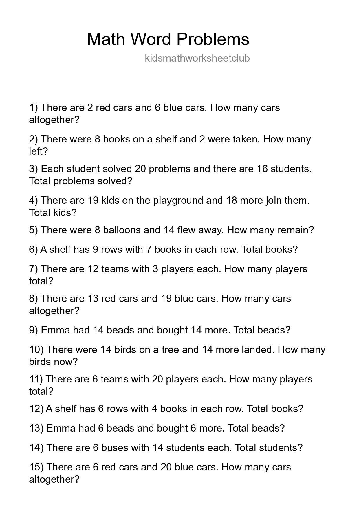 Math Word Problem Worksheet