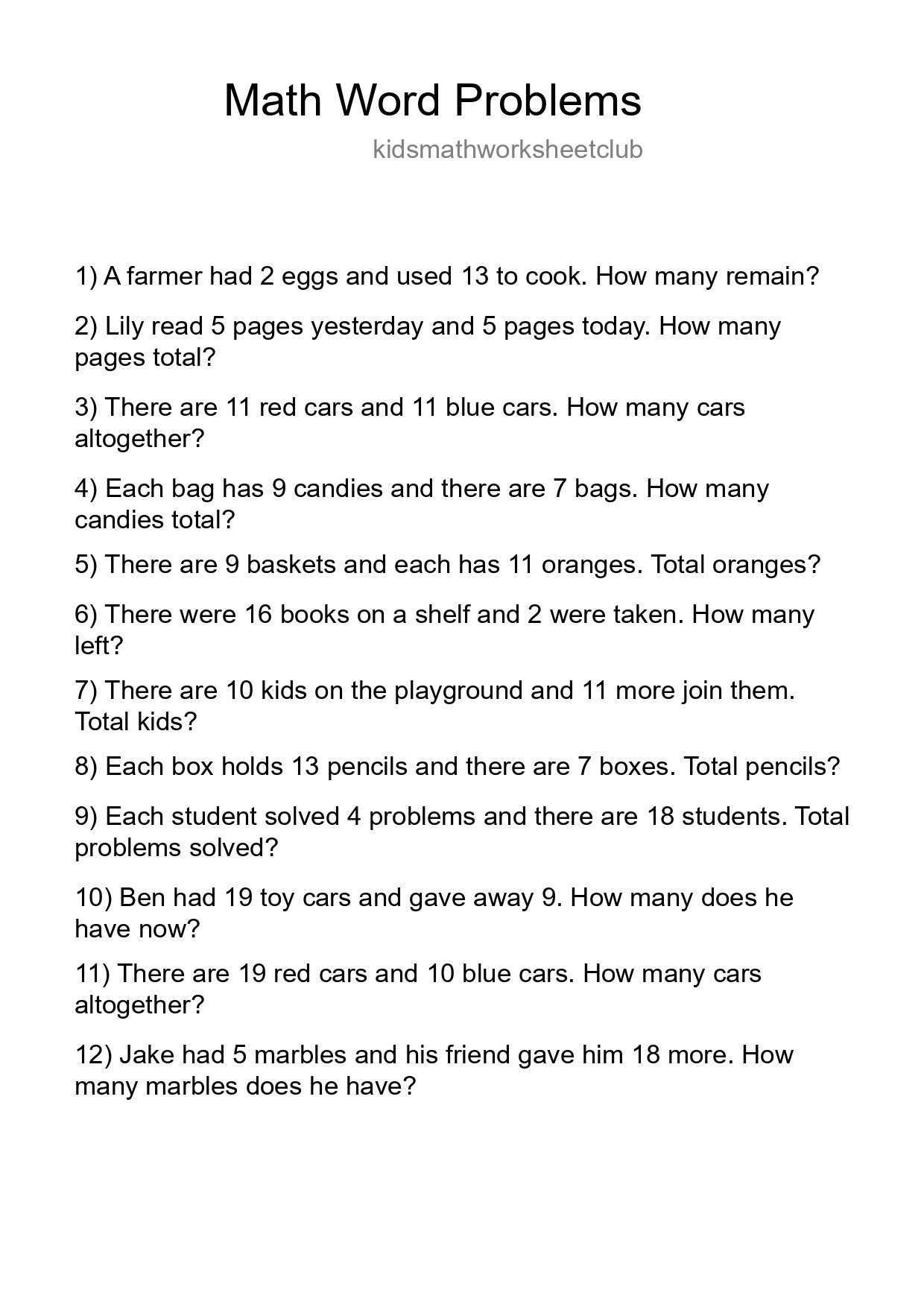 Math Word Problem Worksheet
