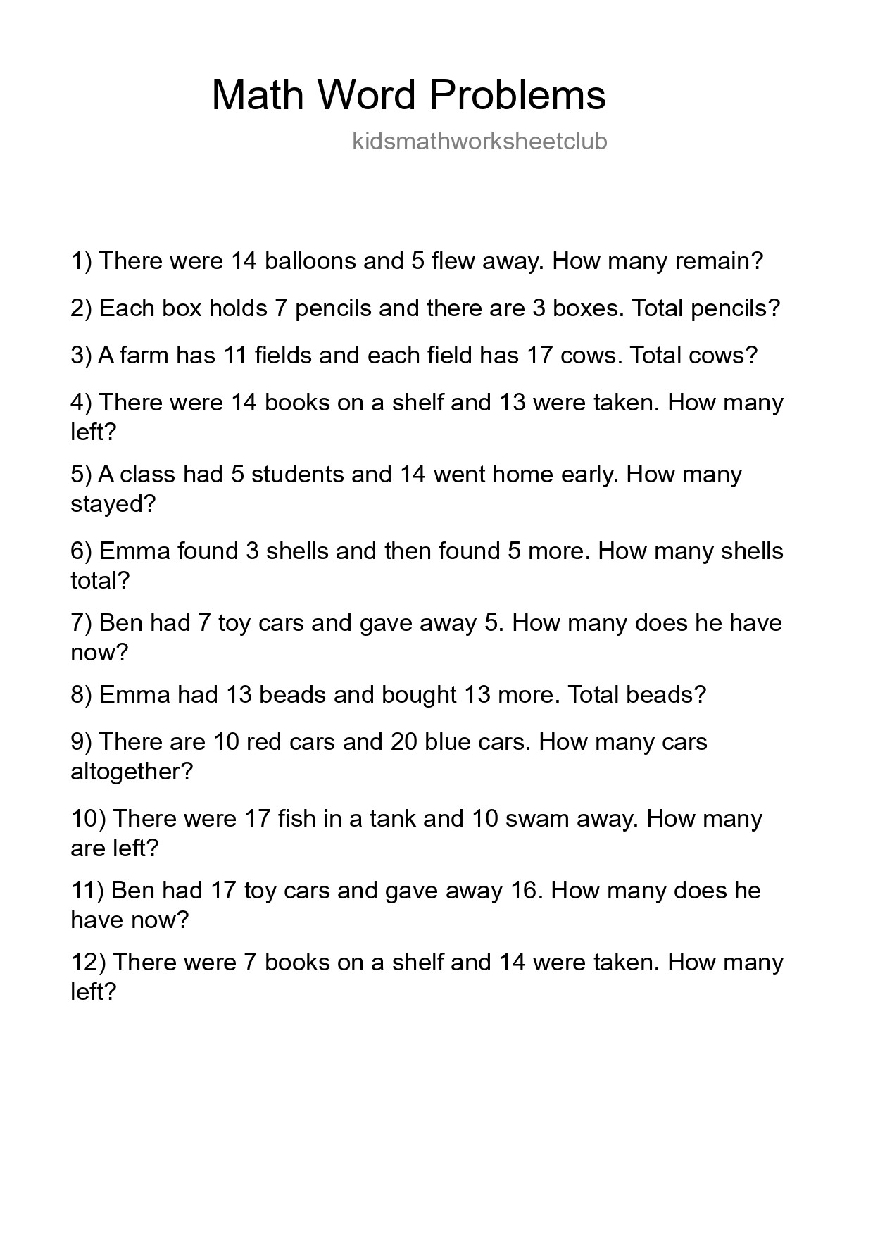 Math Word Problem Worksheet